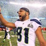 The Associated Press Golden Tate celebrates after the Seattle Seahawks won Super Bowl XLVIII in 2014. Tate, who also played baseball in college at Notre Dame, will play for the Port Angeles Lefties tonight at Civic Field.