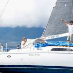 Team Pure and Wild, from left, Alyosha Strum-Palerm, Jonathan McKee and Matt Pistay, sail into Ketchikans Thomas Basin harbor Monday to win the 750-mile Race to Alaska. (Thomas Hawthorne)