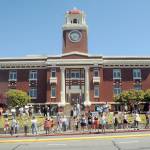 Pro-choice supporters line Lincoln Street and the lawn of the Clallam County Courthouse in Port Angeles on Saturday. (Keith Thorpe/Peninsula Daily News)