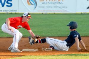 Keith Thorpe/Peninsula Daily News
Wilder's Logan Olson, right, makes it to second, beating the throw to WBS Colts Red shortstop Grady Smith in last year's Dick Brown Tournament in Port Angeles.