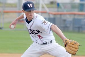 Keith Thorpe/Peninsula Daily News
Wilder Senior pitcher Kole Acker throws in the first inning against WBS Colts Red on Thursday evening at Port Angeles Civic Field.