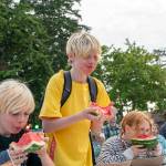 Owyn Stark, 11, of Port Townsend has his cheeks full as he goes on to win the watermelon eating contest during the Field Day event at Fort Worden State Park on Saturday. (Steve Mullensky/for Peninsula Daily News)