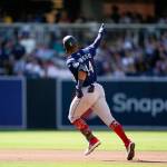 The Seattle Mariners Julio Rodriguez reacts after hitting a two-run home run during the fourth inning of a baseball game against the San Diego Padres on Monday in San Diego. (Gregory Bull/The Associated Press)