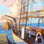 Michael Hale depicts The Adventuress, With Ice Cream Clouds in this painting. His work is on view at Gallery 9 in Port Townsend.