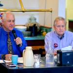 Brian Pruiett, a Republican candidate for state House of Representatives District 24, Position 2, left, speaks during a candidate debate at Joshuas Restaurant in Port Angeles on Tuesday. Pruiett is challenging incumbent Steve Tharinger, a Democrat whos held the seat since 2010, seated at right. (Peter Segall/Peninsula Daily News)