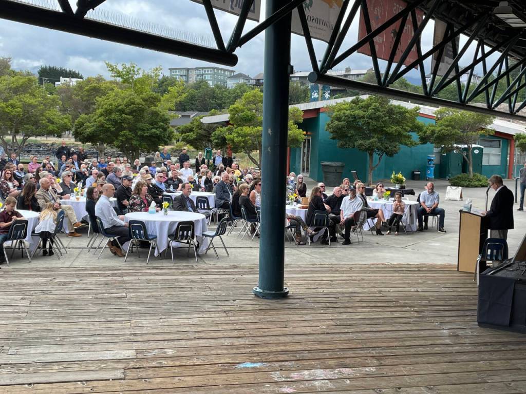 Clallam County Commissioner Randy Johnson was among the speakers at a celebration of life for Ryan Malane on Sunday at the Port Angeles City Pier. Malane, the co-owner and vice president of the Black Ball Ferry Line, died June 13 at the age of 48. (Paula Hunt/Peninsula Daily News)