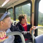 Jeannie Thompson, left, of Livonia, Mich., has visited Hurricane Ridge many times over the years, but says she loves the idea of taking the shuttle rather than driving. This was her 14-year-old grandson Sherman Thompsons first trip to Port Angeles and Hurricane Ridge. (Paula Hunt/Peninsula Daily News)