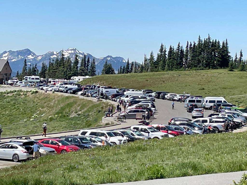 The parking lot at the Hurricane Ridge Visitor Center frequently reaches capacity during the busiest summer days, which creates a line of vehicles at the entrance station at Heart O the Hills waiting to enter Olympic National Park. Clallam Transits Hurricane Ridge that began operating June 1 shuttle can bypass the line and take riders straight to the summit. (Paula Hunt/Peninsula Daily News)