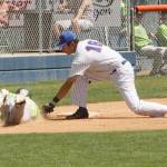 Lefties' third baseman BY Choi, tags out Yakima Valley baserunner Spencer Shipman who wandered too far off third. Choi took the snap throw from catcher Danny Briones. (Dave Logan/for Peninsula Daily News)