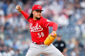 The Cincinnati Reds' Luis Castillo pitches against the New York Yankees on July 14, 2022, in New York. He was traded to the Seattle Mariners on Friday. (AP Photo/Frank Franklin II)