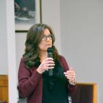 Colleen McAleer, Clallam County Economic Development Council executive director, speaks at a Port Angeles Business Association breakfast event at Joshuas Restaurant. McAleer said that the way the state collects and uses data hurts rural communities. (Peter Segall/Peninsula Daily News)