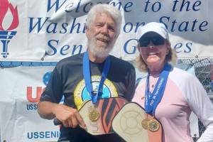 Port Angeles pickleballer Steve Bennett achieved a rare feat at the Washington State Senior Games in Lacey last weekend. Bennett won three gold medals in his three pickleball events in the ages 75 to 79 bracket, including mixed doubles with Jane Meadows of Redmond.