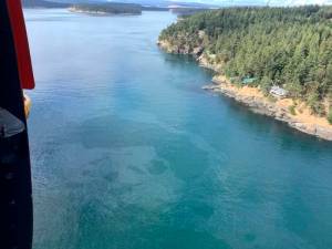 An aerial photo released Saturday by the U.S. Coast Guard shows a diesel spill off the west coast of San Juan Island after a 49-foot fishing vessel sank with an estimated 2,600 gallons of fuel on board. A Good Samaritan rescued all five crew members on the Aleutian Isle as the vessel was sinking near Sunset Point, the Coast Guards 13th District Pacific Northwest district in Seattle and KIRO-TV reported. (U.S. Coast Guard via The Associated Press)