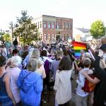 Hundreds of people gathered in downtown Port Townsend on Monday, mostly to support the policy of allowing transgender people to use the bathroom of their choice, but small scuffles broke out between protester groups, and one man was arrested. (Peter Segall / Peninsula Daily News)
