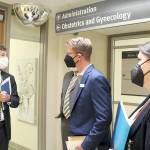 Jefferson Healthcare CEO Mike Glenn, left, speaks to U.S. Rep. Derek Kilmer, a Democrat representing the Olympic Peninsula, during a visit to the main hospital facility in Port Townsend on Wednesday. (Courtesy photo)