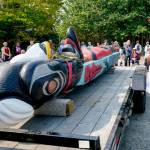 Freddie Lane, with the Lummi Indian Tribe, talks about a totem pole, carved by Uncle Doug James of the House of Tears carvers during a blessing on Sunday at the Quimper Unitarian Universalist Fellowship in Port Townsend. The pole will leave Wednesday for a cross-country trip to Pittsburgh. (Steve Mullensky/for Peninsula Daily News)