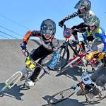 More than 500 racers from 11 states competed all weekend at the USA BMX Pacific Northwest Gold Cup finals hosted by the Lincoln Park BMX Park. Here, Nixon Thompson (1) of Saratoga Springs, Utah, Jett Fishbaugh (46) of Tacoma, Colton Hackett (1) of Arlington and Sébastien White (5) of Gillette, Wyo., race in the 9 expert class. Winning this class for the second time in two days was Braden Gray of Port Angeles. (Jay Cline/Lincoln Park BMX)