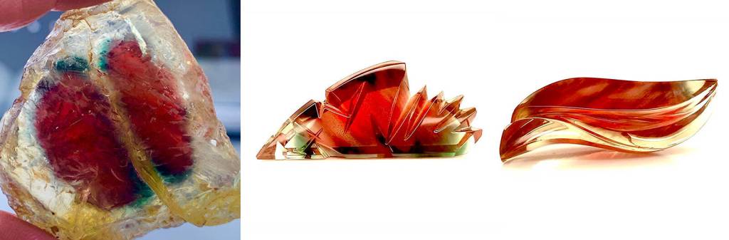 Award-winning lapidary artist Daryl Alexander teasingly threatened licked the rough Oregon Sunstone gem (left) to stake his claim. He cut two extraordinary gems (centre, right).