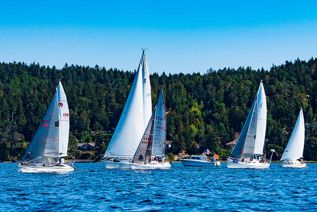 Photo by Fran Reisner Thompson / From left, sailboats Imua (skipper Alan Clark), Denali (skipper Bob MacCauley), Gizmo (skipper John Thompson), race committee boat (skipper Jerry Fine), Sirius (skipper Durkee Richards) and Pinafore (skipper Bernie Armstrong) compete in the Reach and Row for Hospice on Sequim Bay on Sunday.