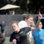 KEITH THORPE/PENINSULA DAILY NEWS Peninsulas Kenzie Banner, rear, and Shorelines Kailey Brecke fight for a header during Saturdays match in Port Angeles.