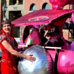 RoseHips Kween Pheanamix, also known as Anami of Port Townsend, cozies up to the Goddess Bunny sculpture just before the start of the Great Port Townsend Bay Kinetic Skulpture Race on Sunday morning. The race got underway at noon on Water Street, then ran uphill on Monroe and Lawrence streets, heading for the beach at Fort Worden State Park, and then the Dismal Bog at the Jefferson County Fairgrounds. (Diane Urbani de la Paz/For Peninsula Daily News)