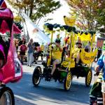 The Banana-gram and the Goddess Bunny, left, were among the competitors at the starting line Sunday for the 38th Great Port Townsend Bay Kinetic Skulpture Race. Engineers and pilots came from all over the West Coast to join the revived event, whose theme was Rising from the Ashes  for the Glory  Again. (Diane Urbani de la Paz/For Peninsula Daily News)