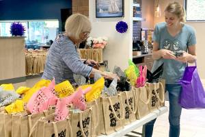 Port Townsend Main Street Program Promotion Committee members Sue Arthur, left, and Jennifer Wake help make 500 goodie bags filled with donations from local merchants and sponsors to be sold at Thursdays Girls Night Out headquarters at Vintage by Port Townsend Vineyards, 725 Water St., starting at 11 a.m. Proceeds from the goodie bag sales support the nonprofit Main Street Program and the Jefferson Healthcare Foundations fund to help people in need receive breast and cervical cancer screenings and other services. The event will feature a day and night of shopping at 38 businesses with many open later than usual. The theme is the 1960s You Go Go Girl! The wrap party will be at 6 p.m. at Vintage by Port Townsend Vineyards. For more, see ptmainstreet.org.