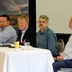 Clallam County commissioners, second from left, Randy Johnson, Mark Ozias, and Bill Peach, along with Mark Lane, Clallam County chief financial officer, on left, speak during the Sequim-Dungeness Valley Chamber of Commerce luncheon. (Matthew Nash/Olympic Peninsula News Group)