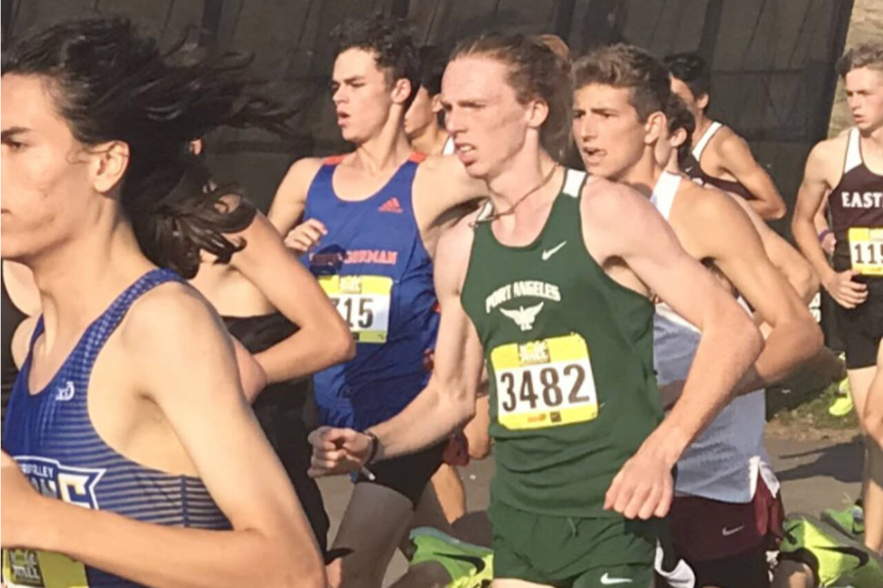 Port Angeles Jack Gladfelter (3482) competes in the mens elite division of the Nike Hole-in-the-Wall cross country meet in Arlington this weekend. Gladfelter finished sixth in his race and for the second straight week set a Port Angeles High School record. (Photo courtesy of Joe Gladfelter)