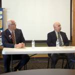 Jefferson County Sheriff candidates Detective Art Frank, left, and Sheriff Joe Nole debate. (Ken Park/Peninsula Daily News)