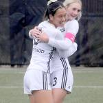 KEITH THORPE/PENINSULA DAILY NEWS
Peninsula's Chiaki Takase, right, celebrates making a goal with teammate Millie Long, who had scored two goals earlier against Bellevue on Wednesday at Peninsula College.