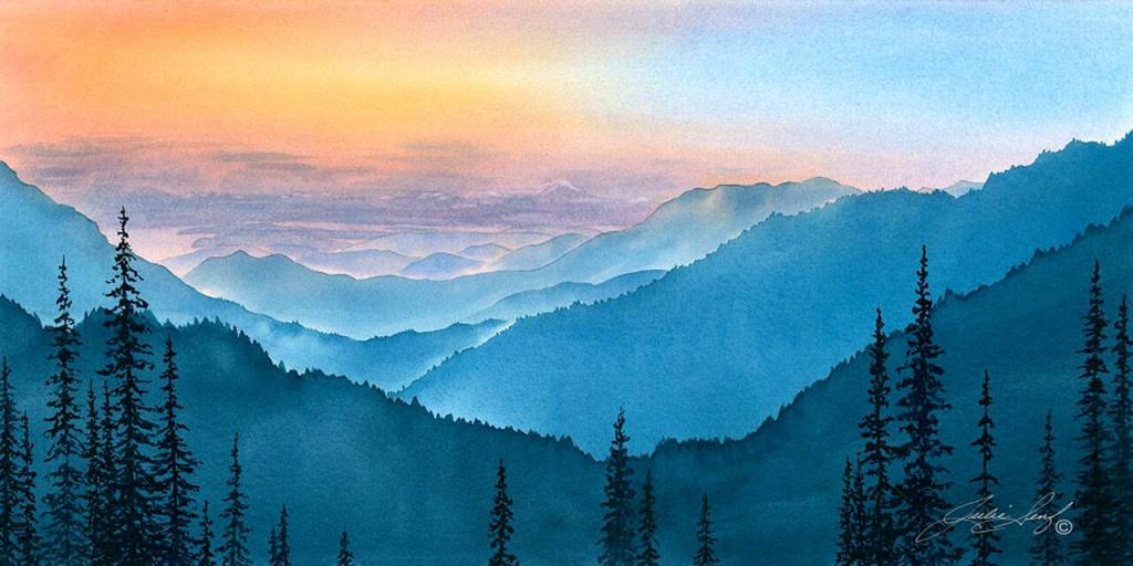 Sunrise Peak at Sunset by Julie Senf is on view at the Blue Whole Gallery.