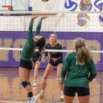 Emily Matthiessen/Olympic Peninsula News Group Port Angeles Josephine Edgington back-sets a teammate as Sequims Kendall Hastings looks on, in a Nov. 3 Olympic League tournament semifinal match in Sequim on Nov. 3. The host Sequim Wolves won, 3-0.