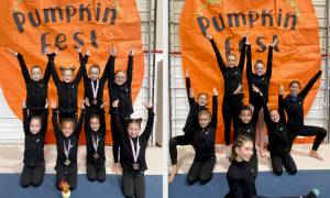 (Left) The Klahhane Gymnastics bronze team. From left, front, are McKinlee Thomason, CarlyMae Riggs, Paytynn Lindley and Charlotte Nevil. From left, back, are Raeleigh Thomason, Morgan Smith, Lainey DePiro and Harper Waterkotte.
(Right) The Klahhane Gymnastics gold and platinum gymnasts. In the front is Harper Hilliker. From left, middle, are Gracelyn Goss, Raynee Ciarlo, Kira Hartman, Elyse Brown and Scarlett Sullivan. From left, standing, are Daylen Williams and Lucy Spekler.