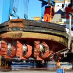 The 65-ton Gretchen H tugboat got a bath at the Boat Haven in Port Townsend on Monday. After the marine travel-lift brought her out of the water, maintenance workers including Chad Tichgelaar pressure washed the 81-foot vessel under a bright sun. It was a heckuva haul-out, Tichgelaar said. (Diane Urbani de la Paz/For Peninsula Daily News)