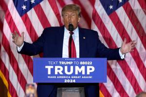 Former President Donald Trump announces a third run for president as he speaks at Mar-a-Lago in Palm Beach, Fla., on Tuesday. (Rebecca Blackwell/The Associated Press)