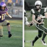 Sequim's Aiden Gockerell, left, and Port Angeles' Blake Sohlberg, right were among four Olympic Peninsula players named to the Olympic League first teams offense and defense. Sequim's Ayden Holland and Port Angeles' Jason Hawes were also named. (Photos by Michael Dashiell and Keith Thorpe, Olympic Peninsula News Group and Peninsula Daily News)