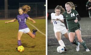 Left, Sequims Taryn Johnson made first-team all Olympic League in girls soccer. She already holds the all-time Sequim High School scoring record even though she is just a junior. Right, Port Angeles midfielder Anna Petty (14), made the all-Olympic League first team in girls soccer for the second straight year. (Photos by Michael Dashiell/Olympic Peninsula News Group and Keith Thorpe/Peninsula Daily News)