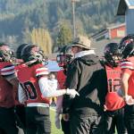 Neah Bay head coach Kane Bachelor instructs his players during the Red Devils 66-14 state quarterfinal win over Wellpinit. Neah Bay faces Liberty Bell for the 1B state championship at noon Saturday at Mount Tahoma High School. (Lonnie Archibald/for Peninsula Daily News)