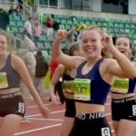 Sequims Riley Pyeatt celebrates with her teammates, from left, Eve Mavy, Hiilei Robinson and Kaitlyn Bloomenrader after winning the womens 4x400 emerging athlete championship at the Nike Nationals held in Hayward Field in Eugene, Ore., this weekend. (Nike video)