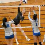 Michael Dashiell/Olympic Peninsula News Group Sequims Kendall Hastings spikes the ball against Olympic this season. Hastings led the Wolves with 15 kills a game.