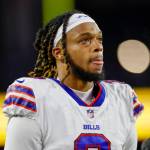 Buffalo Bills safety Damar Hamlin (3) reacts during the second half of an NFL football game against the New England Patriots, Thursday, Dec. 1, 2022, in Foxborough, Mass. (AP Photo/Greg M. Cooper)