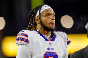 Buffalo Bills safety Damar Hamlin (3) reacts during the second half of an NFL football game against the New England Patriots, Thursday, Dec. 1, 2022, in Foxborough, Mass. (AP Photo/Greg M. Cooper)