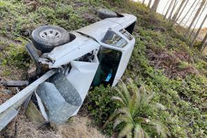 A 2009 Ford Ranger pickup hit ice and slid into a guardrail and into a ditch on state Highway 104 on Thursday.