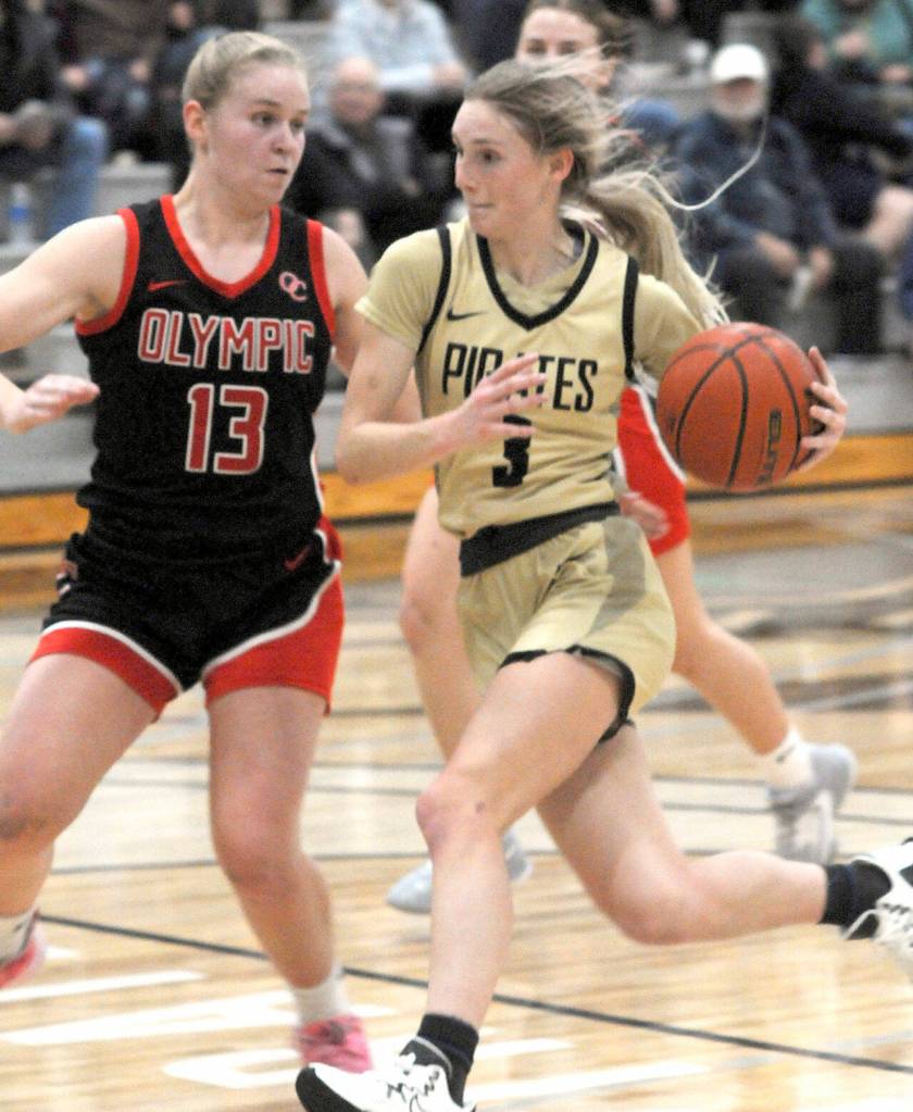 Peninsulas Millie Long, right, heads for the lane as Olympics Alannah Northam tries to defend on Saturday at Peninsula College in Port Angeles. (Keith Thorpe/Peninsula Daily News)