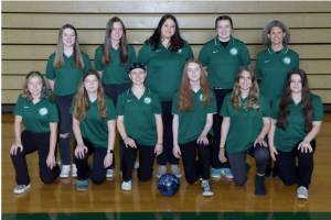 The Port Angeles girls bowling team. From left, front, are Zoey Van Gordon, Izzy Spencer, Violet Mills, Kenadie Ring, Paige Pangaro and Abby Rudd. From left, rear, are Lily Thomas, Natalie Robinson, Abby Robinson, Taylor Worthington and Coach Rebecca Gundersen. Not pictured is Sophie Constant.