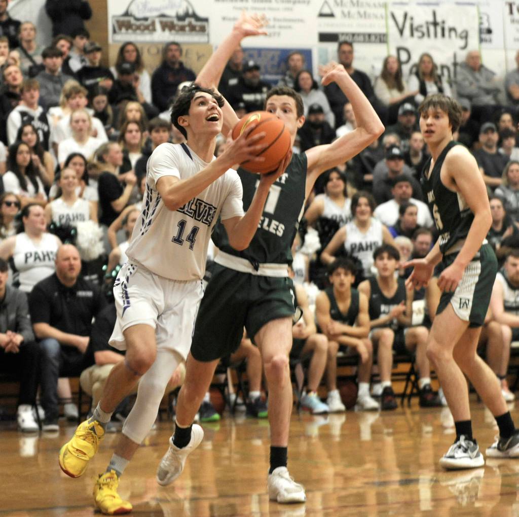 Michael Dashiell/Olympic Peninsula News Group
Sequims Vince Carrizosa eyes the rim while defended by Port Angeles Dallas Dunning during the Wolves 60-57 win Thursday in Sequim.