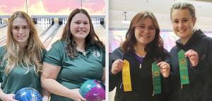 From left, Paige Pangaro and Abby Robinson from Port Angeles, and Morgan Kayser and Nikoline Updike from Sequim competed in the state 1A/2A bowling tournament this weekend.