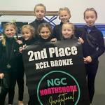 The Klahhane Bronze Team finished second at the Northshore Invitational this weekend. From left, front are Charlotte Neville, CarlyMae Riggs, Paytynn Lindley and McKinlee Thomason. From left, rear, are Lainey DePiro, Morgan Smith and Raeleigh Thomason. Missing due to illness is Harper Watterkotte. (Klahhane Gymnastics)