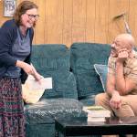 Maude Eisele (Mabel) and Brace Evans (Todd) become
acquainted in an awkward matchmaking scene in "The People Downstairs" at
Key City Public Theatre.